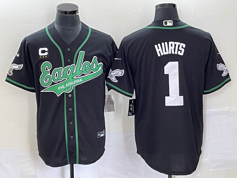 Philadelphia Eagles #1 Jalen Hurts Black With C Patch Cool Base Stitched Baseball Jersey